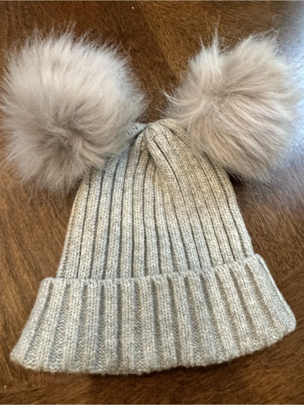 GAP Gray Ribbed Knit Kids Hat with Double Faux-Fur Poms